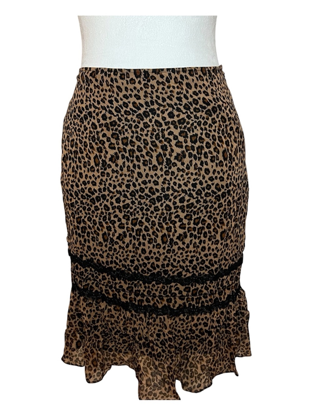 100% Silk BCBGMaxAzria Leopard Print Midi Skirt - Brown & Black 0